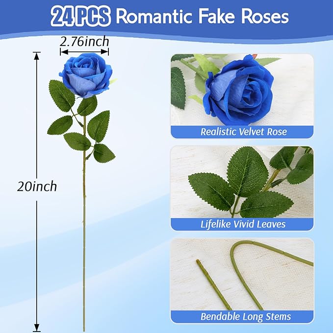 Roses Artificial Flowers, Fake Velvet Silk Roses with Stems for Indoor Outdoor Decor, Realistic Roses in Bulk for Wedding Centerpiece Party, Valentines Birthday (24,Blue)