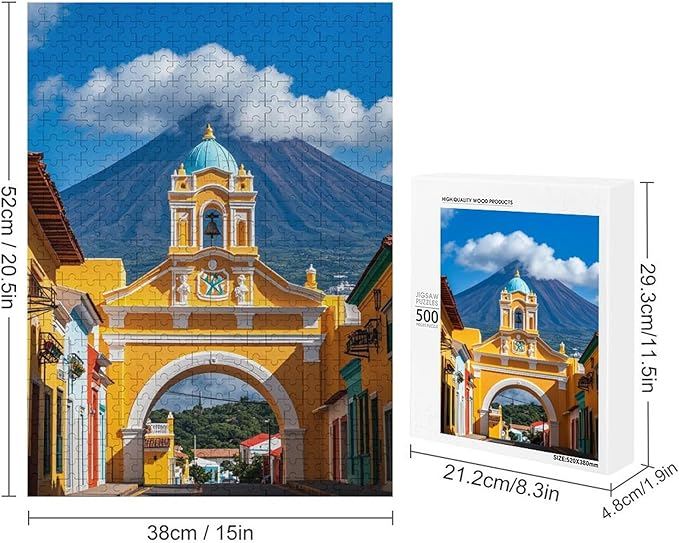 Wooden Puzzle 500 Pieces - Famous Arch and Volcano View Antigua Guatemala Holiday Jigsaw Puzzles， Exquisite Art Design，for Puzzles Challengers and Enthusiasts，Puzzle Games for Children and Adults