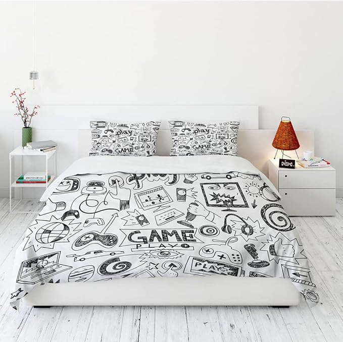 Gaming Comforter Sets for Boys Teen Queen Size,Kids Video Games Bedding Set Sketch Style Athletic Racing Game Design Bedroom Home Decor