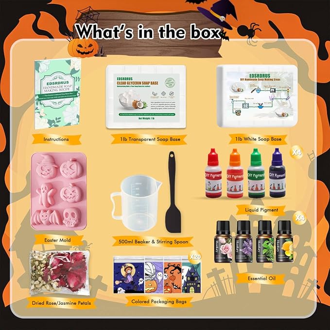 EDSRDRUS Soap Making Kit Series - Soap Making Supplies with Glycerin Soap Base, Silicone Molds, Fragrance Oils, Pigments & More (Purple Halloween Soap Making Kit)