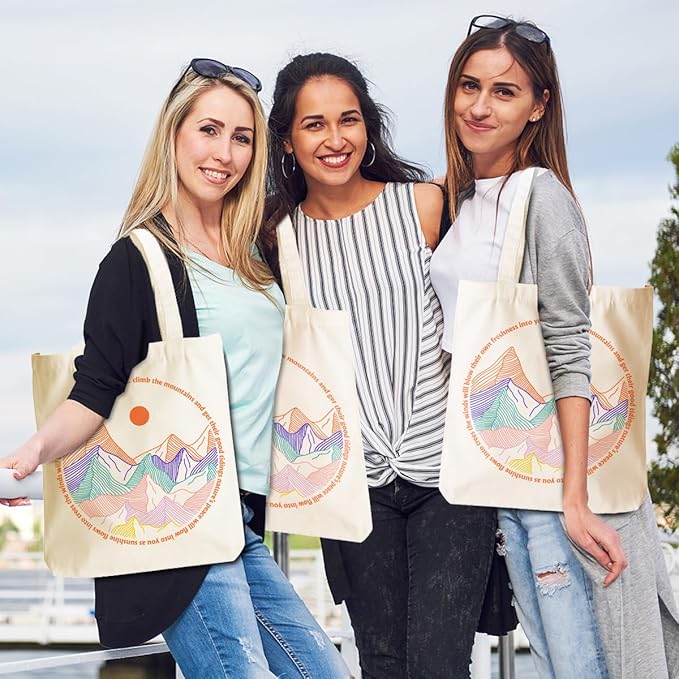 jeilink Cute Mountain Adventure Sunshine Canvas Tote Bag Camping Gifts Weekender Grocery Bags for Women Girls