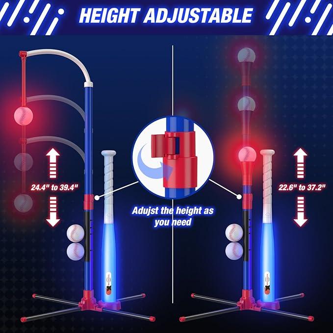 3-in-1 LED Baseball Set for Kids 3-5 - Tee Ball Stand, Hanging Tee, Ball Launcher and 4 Softballs - Adjustable Height, Indoor/Outdoor Sport Gifts for Boys Girls, Blue