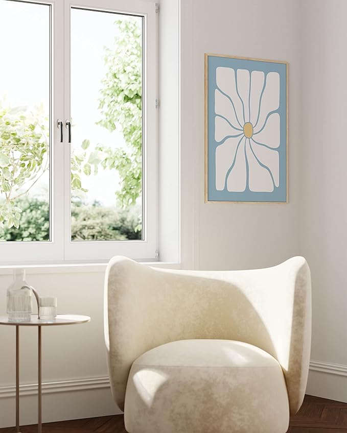 HAUS AND HUES Blue Daisy Wall Art – Indie Aesthetic Posters, Trendy Room Decor, Danish Pastel Prints, Blue Wall Art (Beige Frame, 24x36)