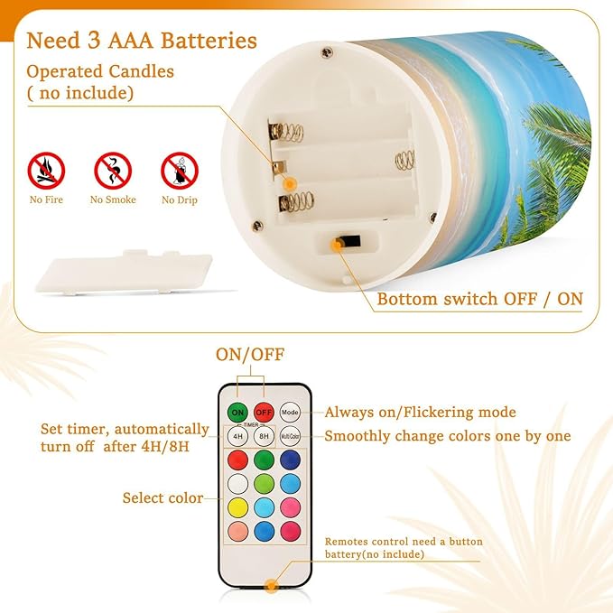 ALAZA Summer Beach with Green Coconut Trees Flickering Flameless Candles Battery Operated with Remote Timer,Tea Light Candles LED Pillar Votive Candles Set of 2 for Outdoor Indoor Decorations