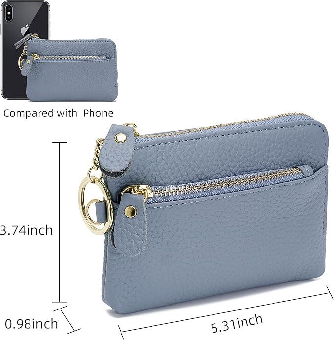 Genuine Leather Coin Purse for Women with Large Opening & Wrist Strap Navy (Blue)