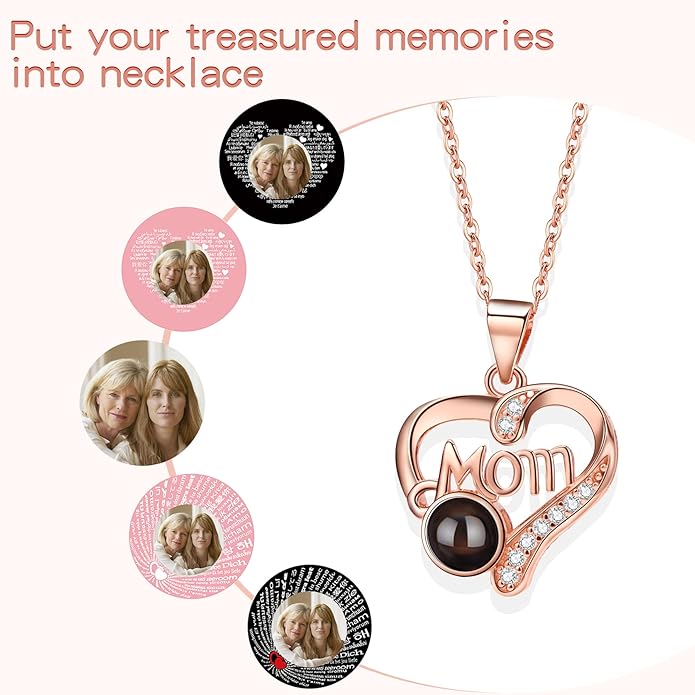 SUPHELPU Personalized Mother's Day Gifts for Mom From Daughter - Custom Photo Necklace With Picture Inside - Projection Necklace for Mom - Memorial Gift