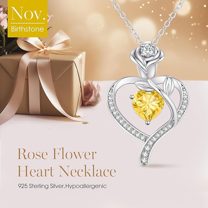 LOUISA SECRET Rose Flower Heart Birthstone Necklaces for Women, 925 Sterling Silver Fine Jewelry, Pendant Heart Necklaces Birthday Anniversary Christmas Gift for Women Wife Mom Girlfriend Lady