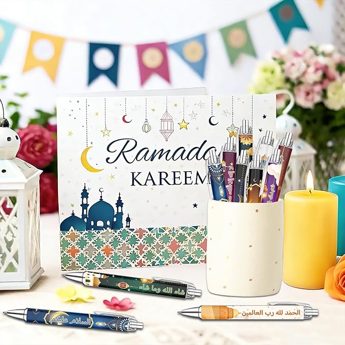 Idealmuzik Islamic Motivational Ballpoint Pens Set of 10 – Crescent Moon & Star Design with Inspirational Quotes – Smooth Black Ink Pens for Daily Use, Office, Home, and Eid/Ramadan Celebrations