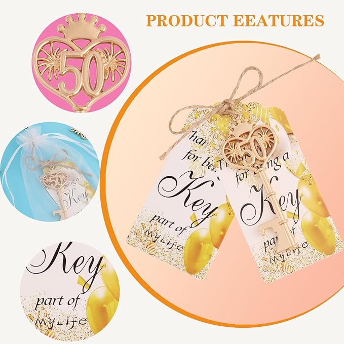 24 Sets 50 Birthday Party Favors Key Bottle Opener, 50th Beer Opener Keychain Favors for Guest with Organza Bags and Tags,Beer Keychain Bottle Openers for Birthday Party Decoration Supplies (Gold-50)
