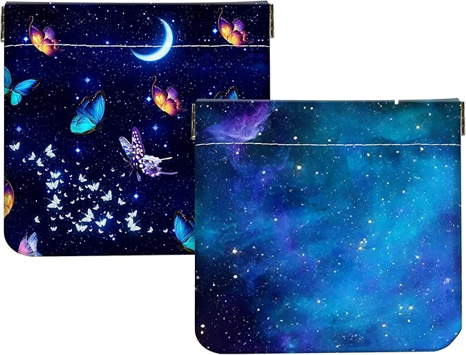2Pcs PU Leather Small Squeeze Coin Purse Pouch Mini coin Bag Unique And Cute Wallet Cosmetic Bags Change Bag For Women Girls Men Blue Stars And Butterflies