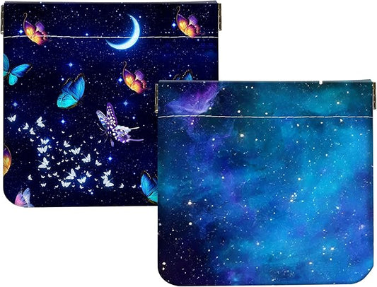 2Pcs PU Leather Small Squeeze Coin Purse Pouch Mini coin Bag Unique And Cute Wallet Cosmetic Bags Change Bag For Women Girls Men Blue Stars And Butterflies