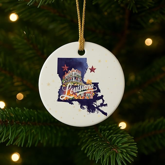 USA State Landmark Ceramic Ornament – Round Glossy Christmas Decoration Featuring U.S. State Art, Landmarks & Holiday Scenery – Collectible Travel Souvenir Ornament Series (Louisiana)