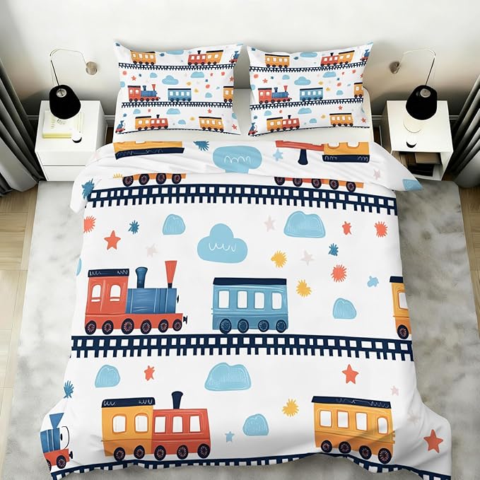 Cartoon Train Bedding Set Twin Size Vintage Train Tracks Duvet Cover Railway Vehicle Comforter Cover Railcar Transport Vehicles Comforter Set Soft Microfiber for Bedroom