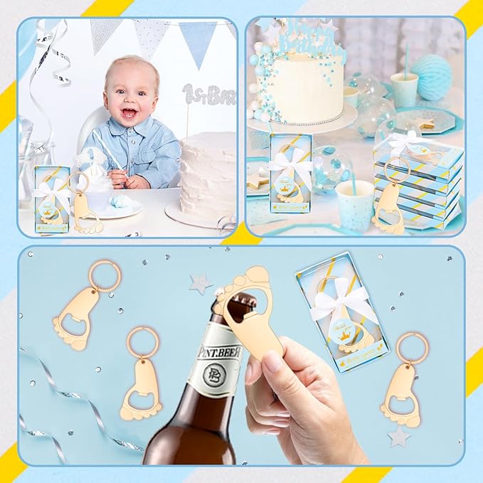 50Pcs Baby Boy Foot Keychain Footprint Bottle Openers Footprint Keychain Bottle Opener Small Foot Bottle Opener Keychain Baby Shower Return Gift for Party Favors with Blue Boxes