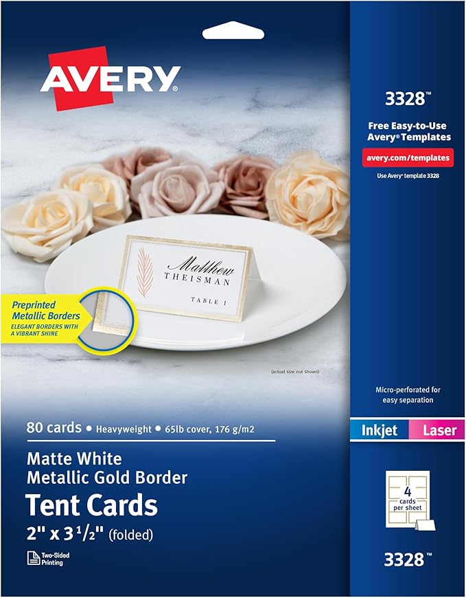 Avery Printable Tent Cards, 2" x 3.5", White, Metallic Gold Borders, Laser/Inkjet Printable, 80 Blank Place Cards (3328)