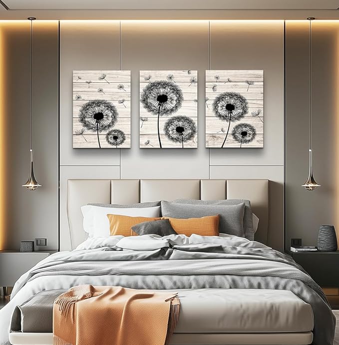 Wall Decor For Living Room Canvas Wall Art For Bedroom Fashion Wall Decorations For Kitchen Abstract Paintings Office Decor Black Dandelion Flowers Hang Pictures Artwork Home Decoration 3 Pieces