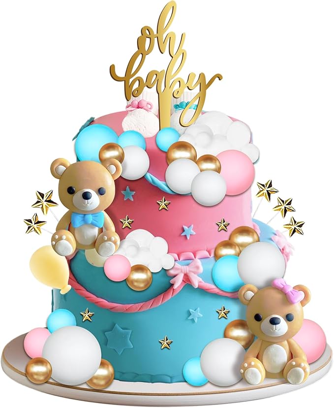 38 Pieces Bear Cake Topper Decorations Set- Oh Baby Cake Topper，Stars，Pearl Balls Cake Decoration for Gender Reveal party Baby Shower Supplies, He or She Gender Reveal Party（blue and pink）