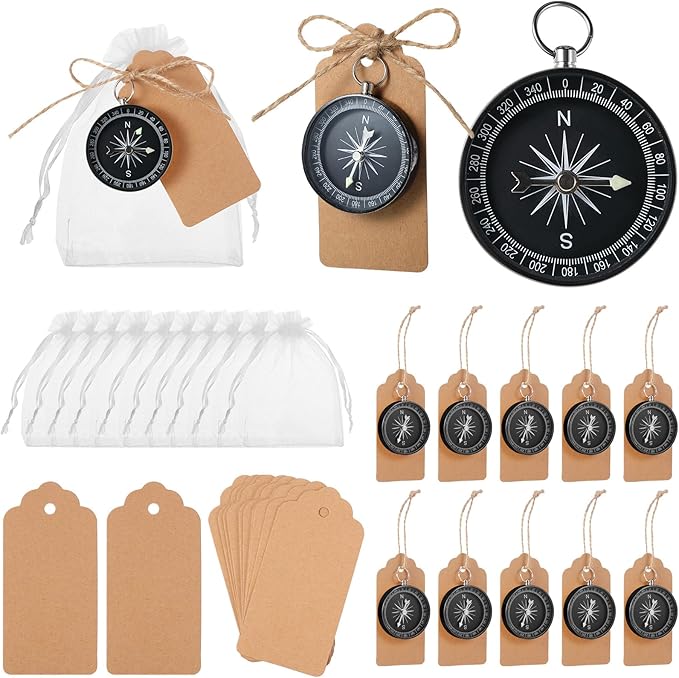 TaoBary 60 Pcs Compasses Valentines Day Wedding Party Favors Set, 2026 Mini Compass Souvenir Nautical with Kraft Tags and Organza Bag for Guests Birthday Nautical Travel Party Souvenir Gift(Black)