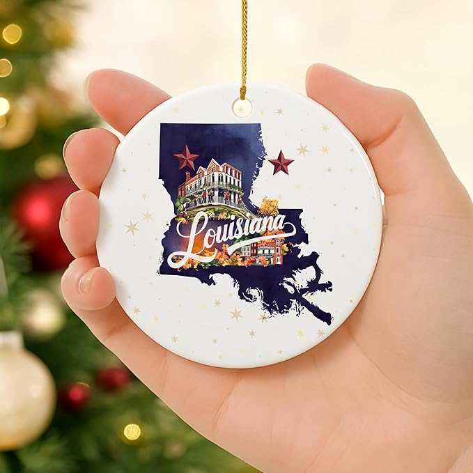 USA State Landmark Ceramic Ornament – Round Glossy Christmas Decoration Featuring U.S. State Art, Landmarks & Holiday Scenery – Collectible Travel Souvenir Ornament Series (Louisiana)