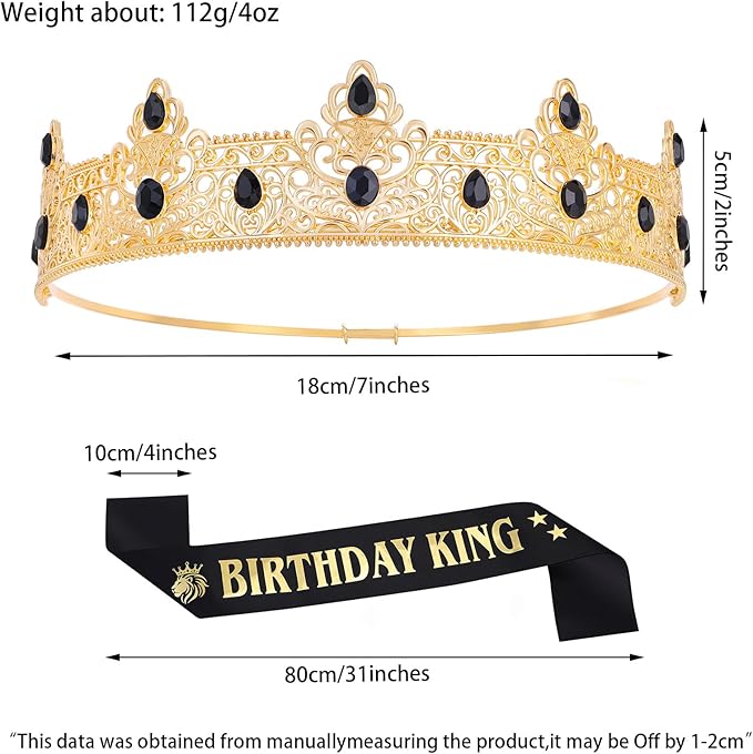 King Crown and Birthday Sash Birthday Decorations for Men Boy Royal Medieval Headband for Cosplay Prom Halloween Costume
