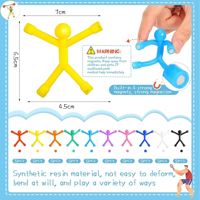 Jerify 50 Pcs Refrigerator Magnets Colorful Magnetic Men Fidget Toys Humanoid Mini Flexible Cute Toys for Refrigerator Door Office Fun Decorative Decoration, 10 Colors