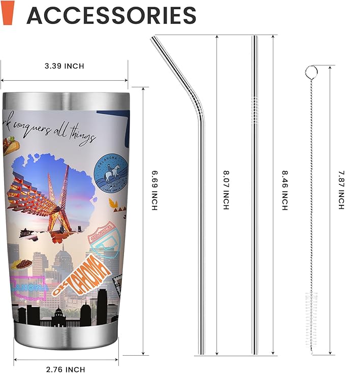 20oz Insulated Tumbler Oklahoma State Coffee Mug, United States Map Travel Mug Landmark, Birthday Gifts Cute Custom Tumbler Cups with Lid and Straw Gifts for Mom
