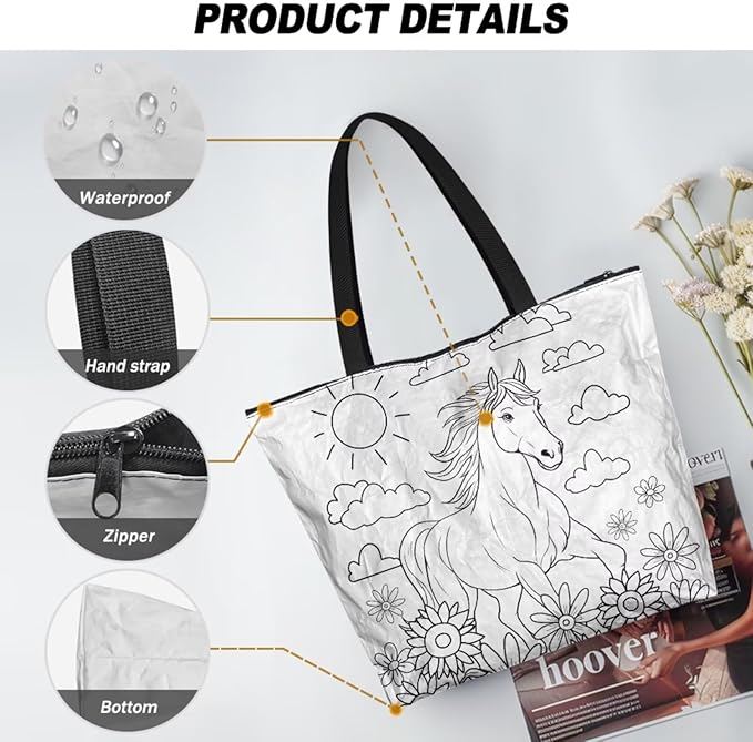 Cartoon Animal Printed DIY Coloring Tote Bag Waterproof Paper Handbags for Women Large Travel Shoulder Bags Purses