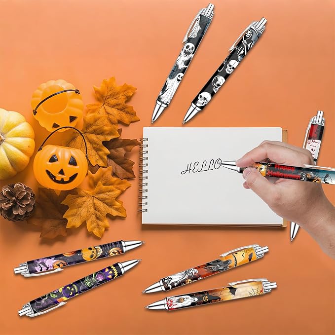 Idealmuzik Funny Ballpoint Pens for Adult, Stationery Lovers – Smooth Writing Pens for Journaling – Haunted Holiday Design, 8 Pack