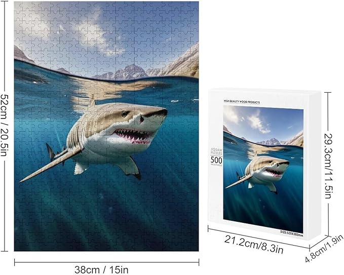 Puzzles for Adults 500 Pieces Wooden Jigsaw Puzzle - Shark on The Water Theme Puzzle，Party Games，Family Toys，Educational Puzzles，Stress Relief Wooden Puzzle，Gifts for Family，Colleagues and Friends