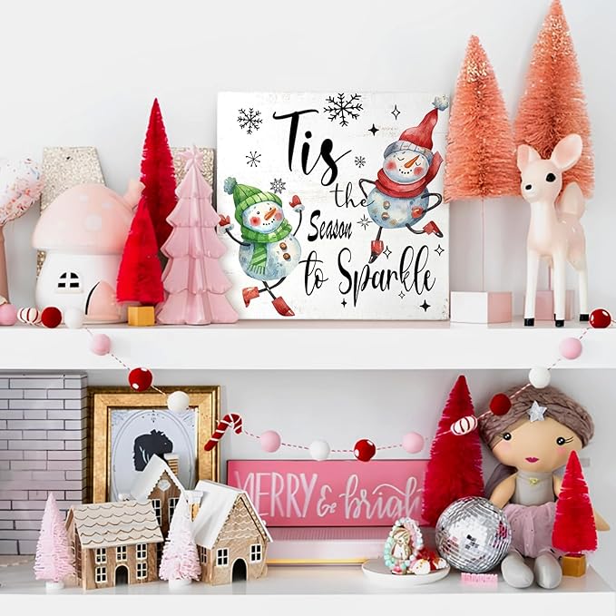 Mtrgdn Christmas Snowman Decor Sign,Winter Xmas Tis the Season to Sparkle Snowmans Indoor Wooden Box Signs,Christmas Decorations for Home Bathroom Bedroom Office Table Desk Shelf Wall Decoration,5x5 Inch