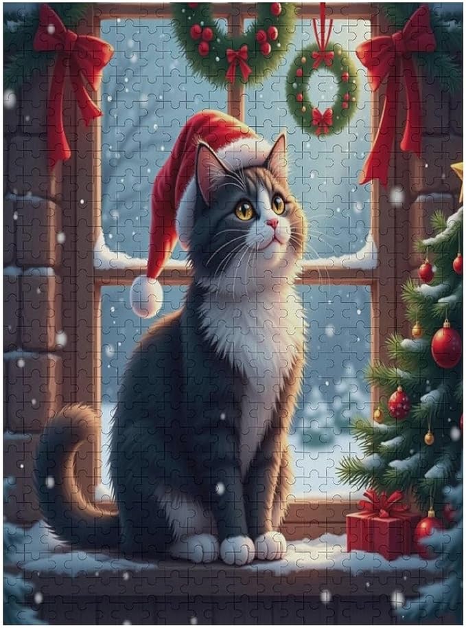 Jigsaw Puzzles for Adults 500 Piece - Christmas Black Cat Wooden Puzzles, Puzzle Games, Stress Relief Games, Funny Puzzles，Unique Gifts for Wall Art