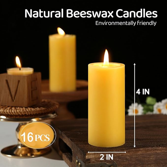 16 Pack Natural Beeswax Pillar Candles,560 Hours Long Burning Bees Wax Candle for Home,Prayer,Emergency,Dripless Smokeless Organic Beeswax Candles Bluk 2x4in