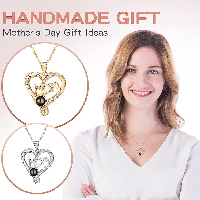 SUPHELPU Personalized Mother's Day Gifts for Mom From Daughter - Custom Photo Necklace With Picture Inside - Projection Necklace for Mom - Memorial Gift