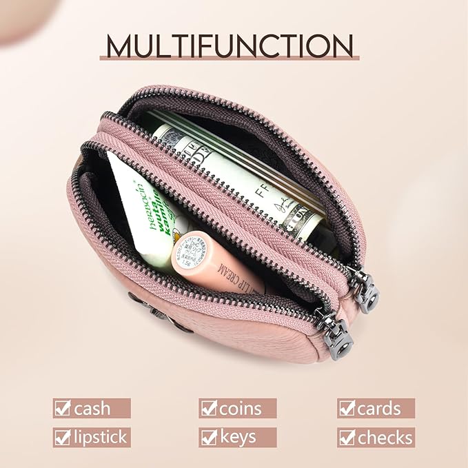 imeetu Women Leather Coin Purse, Small 2 Zippered Change Pouch Wallet