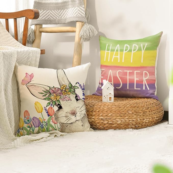 AVOIN colorlife Happy Easter Hunny Bunny Colorful Srtipes Throw Pillow Covers, 18 x 18 Inch Easter Eggs Bunny Spring Cushion Case for Sofa Couch Set of 4