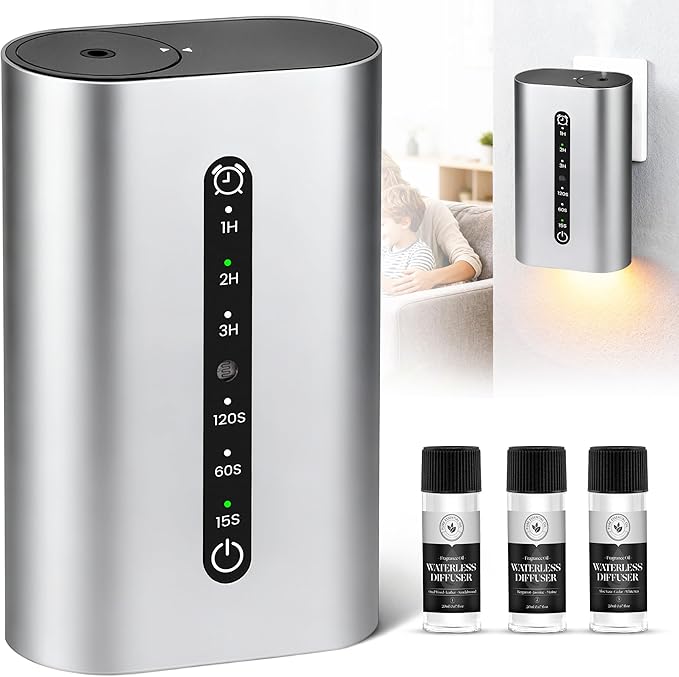 Smart Plug-in Scent Diffuser Set, Waterless Scent Diffusers Home, Cold Air Mist, Timer Control, and 3 Mist Intensity Settings, Suitable for Home, Office, and Small Spaces,White