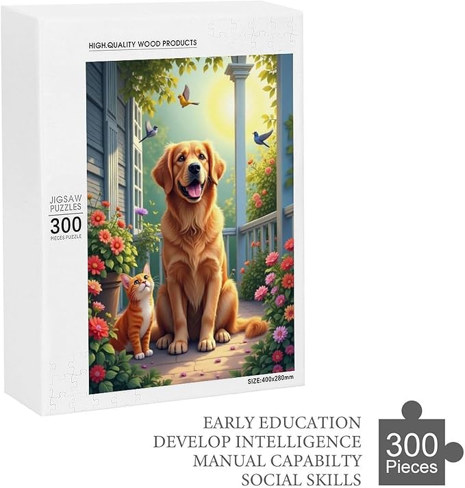 Wooden Puzzle - Garden Golden Retriever Jigsaw Puzzles，Wooden Puzzles for Adults 300 Pieces Challenge Puzzles，Educational Games，Family Puzzles，Unique Gifts for Wall Art