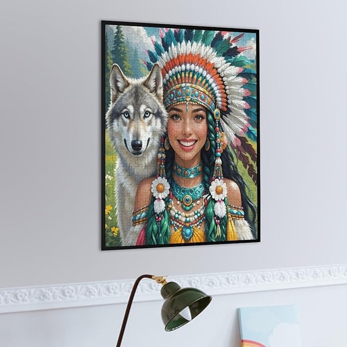 Wooden Puzzle - Indian Beauty & Wolf，Native American Jigsaw Puzzles，Wooden Puzzles for Adults 500 Pieces Unique Gifts for Wall Art，Challenge Puzzles，Educational Games，Family Puzzles