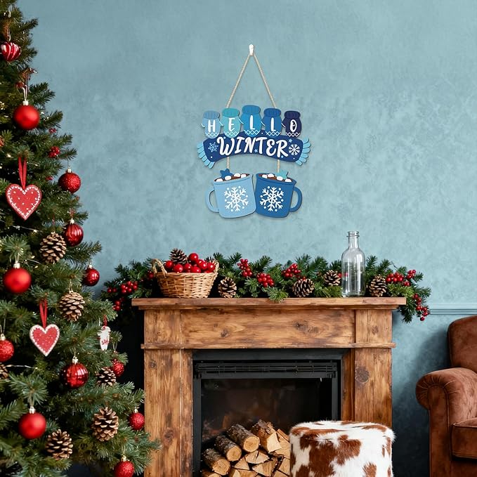 CHDITB Hello Winter Wooden Sign, Hot Cocoa Wooden Hanging Plaque, Christmas Front Door Hanger, Seasonal Snowflake Wall Art Sign Hanger for Xmas Holiday Decoration