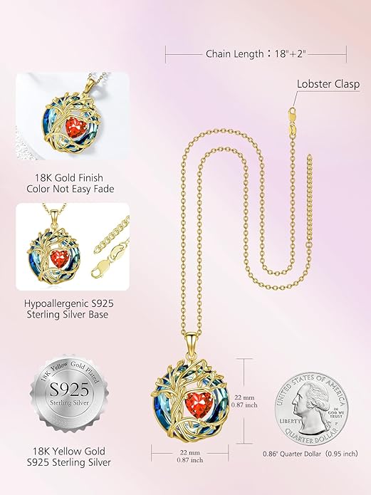 TOUPOP Tree of Life Birthstone Necklace 925 Sterling Silver Pendant Austrian Crystal Jewelry Anniversary Valentine's Day Birthday Gifts for Women Mom Her Wife