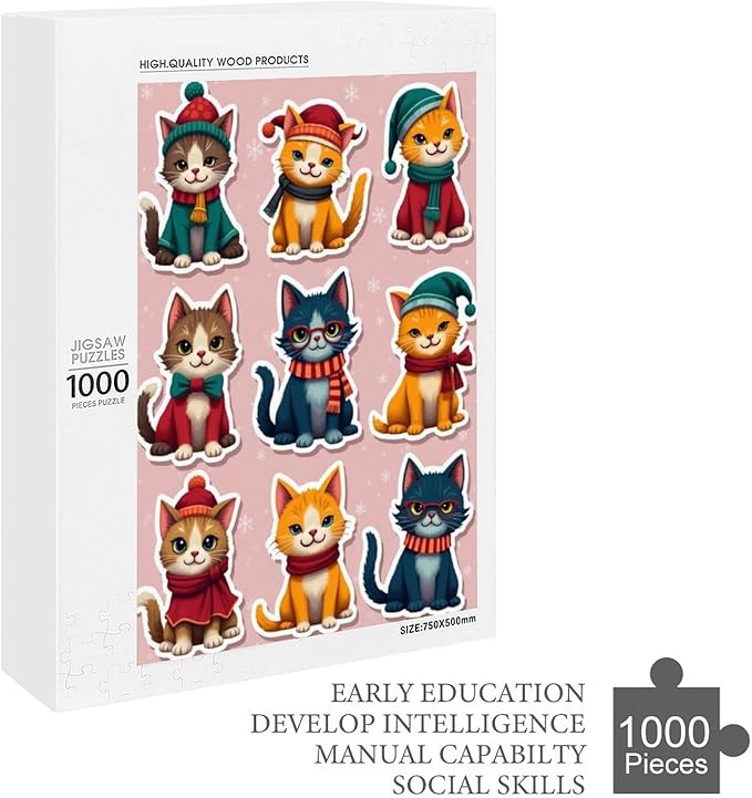 Wooden Puzzle 1000 Pieces Adult - Christmas Cat Puzzle Christmas Puzzles, Holiday Puzzles, Family Toys, Party Games, Jigsaw Puzzle Challenge and Funny