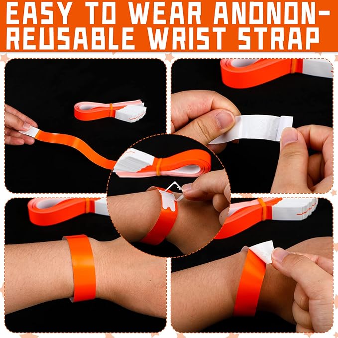 Tudomro 1200 Pack Plastic Paper Wristbands for Events Neon Party Wrist Bands Colored Waterproof Concert Identification Hand Bands Lightweight Adhesive Wristband(Orange)