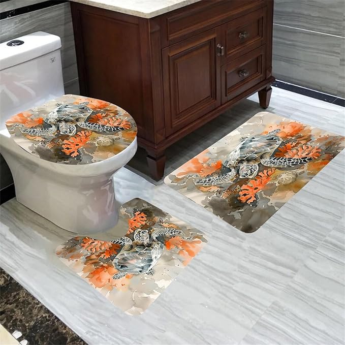 4 Pcs Kids Shower Curtain Set - Sea Turtle Shower Curtain for Bathroom Ocean Themed Shower Curtain Turtle Bathroom Accessories with Rug,and Bath Mat with 12 Hooks