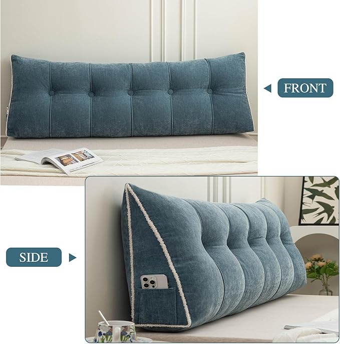 Headboard Pillow Twin, Chenille Triangular Wedge Pillow Headboard Twin Size, Reading Setting Backrest Daybed Pillows for Bed Sofa with Removable Coverr, Blue