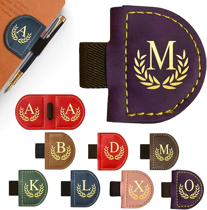 Personalized Leather Magnetic Bookmark with Pen Holder, Custom Bygone Mark Bookmark with Pen Holder, Custom Bookmarks with 26 Letters for Reading Women, Men, Teachers, Book Lovers（Purple，M）