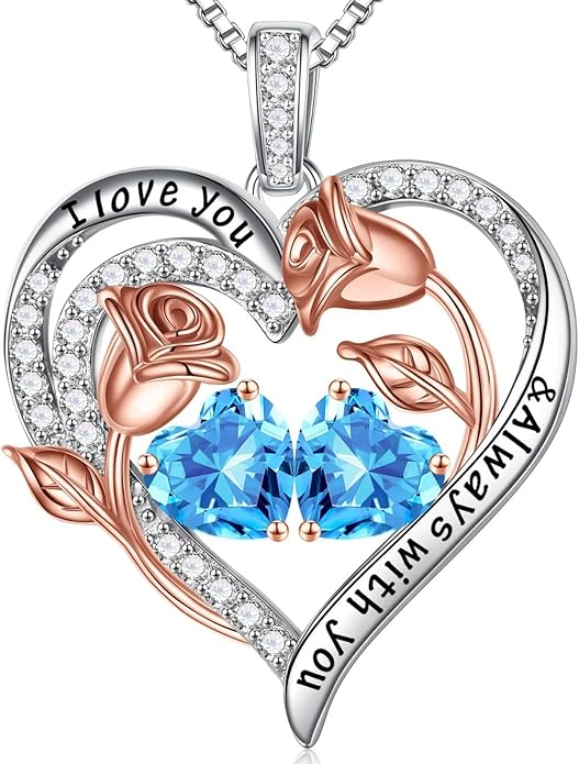 Iefil Valentines Day Gifts for Her - 925 Sterling Silver Rose Heart Birthstone Necklace Birthday Anniversary Jewelry Gifts for Her Wife Mom Daughter