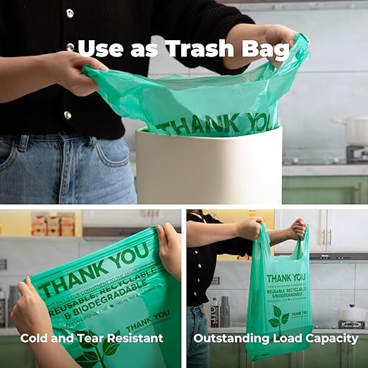 FMP Brands Eco Biodegradable Plastic Grocery Bags - 100 Count with Handles, Thank You T-Shirt Shopping Bags Bulk for Small Business, Restaurant, Groceries, Supermarket