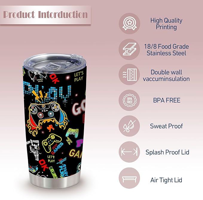 ATHAND Gaming Mugs,20 Oz Gamer Gifts Insulated Stainless Steel Iced Coffee Tumbler with Lid,Funny Travel Coffee Mug Cup,Christmas Birthday Gifts for Men,Gamer,Boys,Husband,Boyfriend,1 Pcs