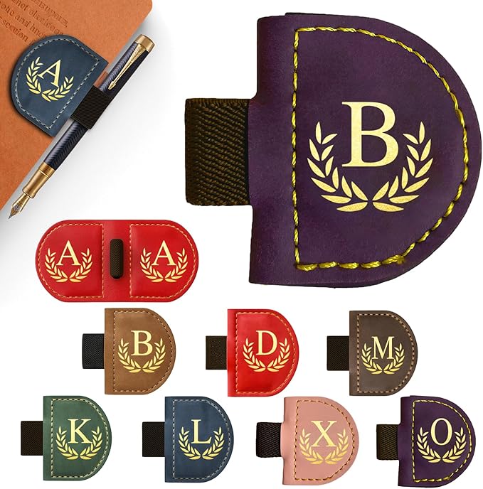 Personalized Leather Magnetic Bookmark with Pen Holder, Custom Bygone Mark Bookmark with Pen Holder, Custom Bookmarks with 26 Letters for Reading Women, Men, Teachers, Book Lovers（Purple，B）