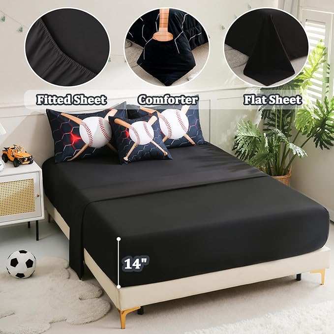 6pcs Baseball Twin Bedding Sets for Boys,Sports Black Twin Size Comforter Set with Sheets for Boys Kids Teens